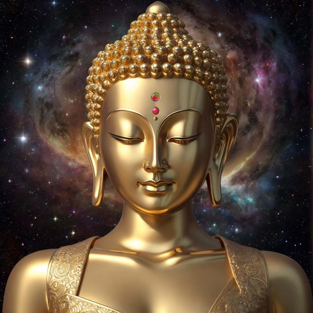 Serene Golden Buddha Statue Head on Cosmic Starry Background