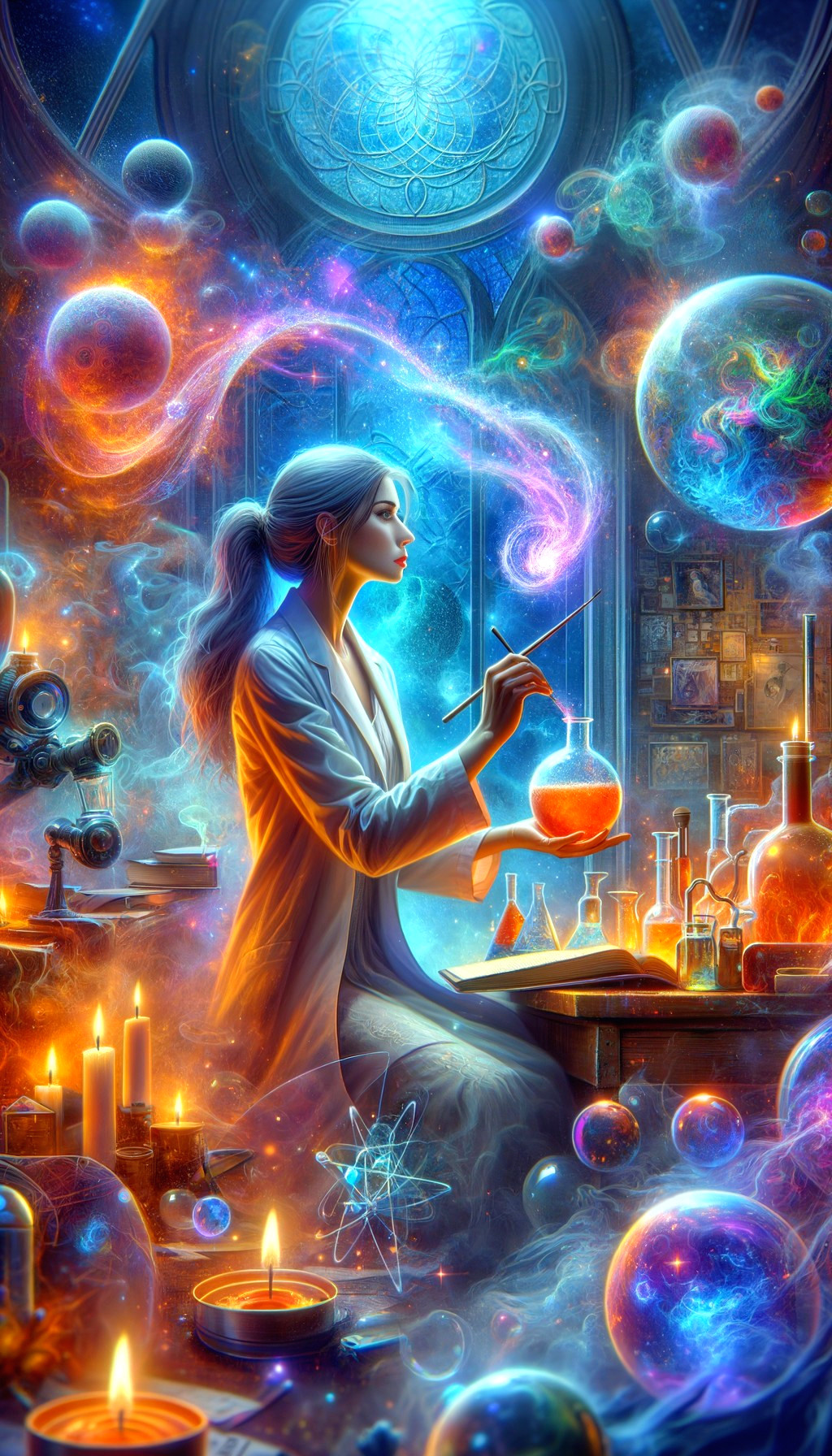 Scientist Mixing Colorful Liquids in Cosmic Laboratory