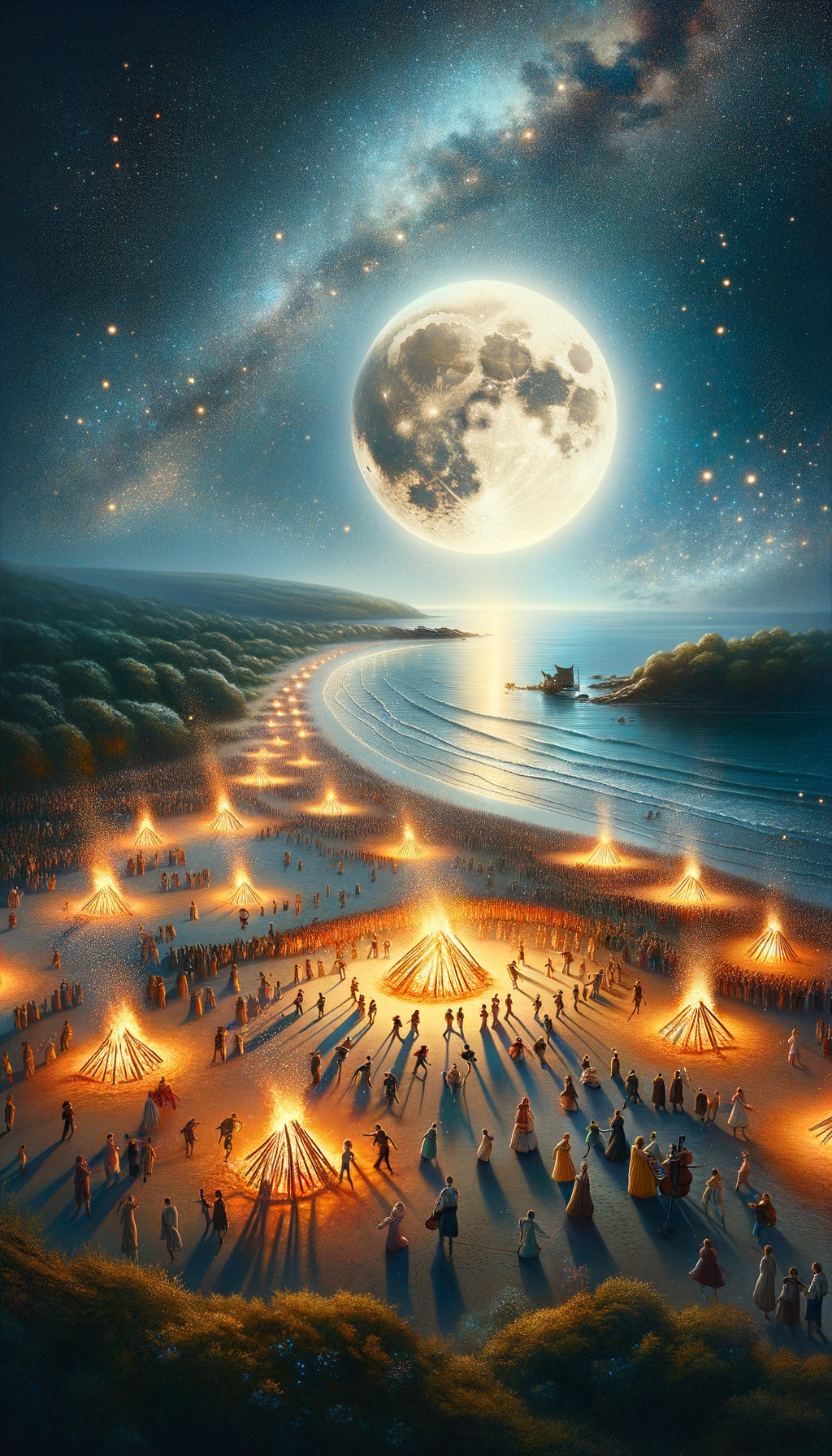 Night Beach Scene with Full Moon and Bonfires