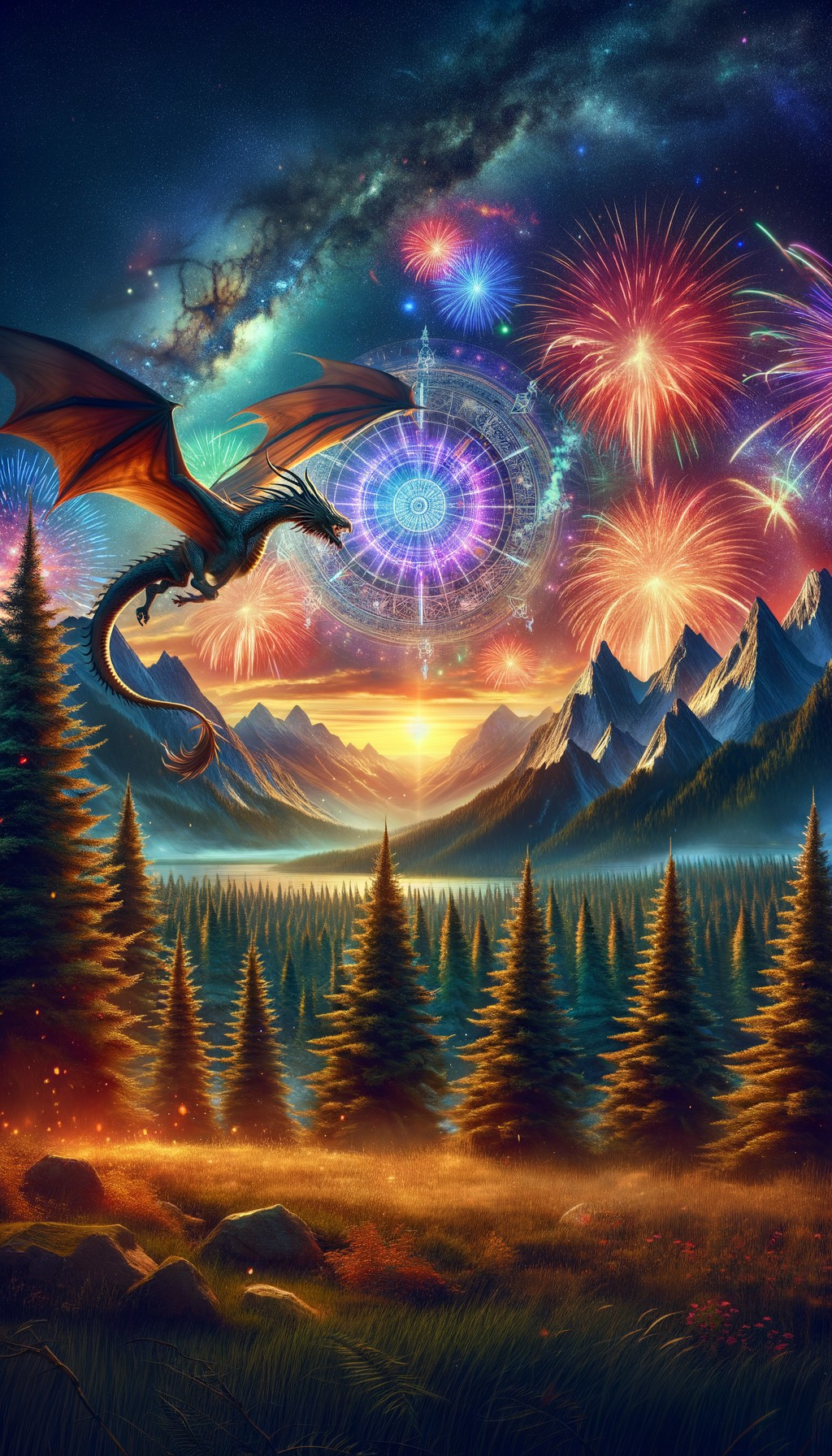 Fantasy landscape with dragon, fireworks, portal, mountains, pine trees, starlit sky