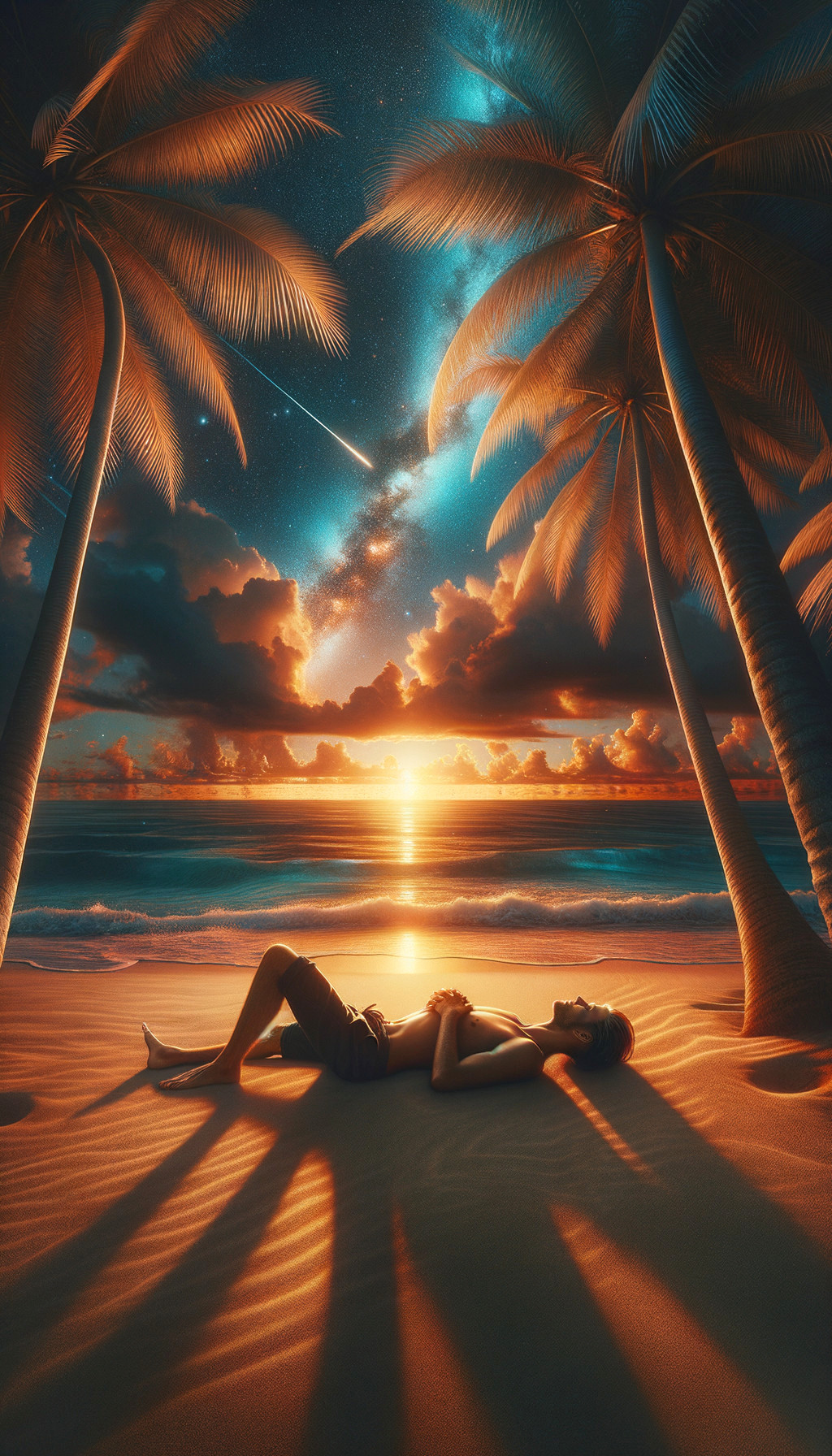 Serene Beach Scene at Sunset with Palm Trees