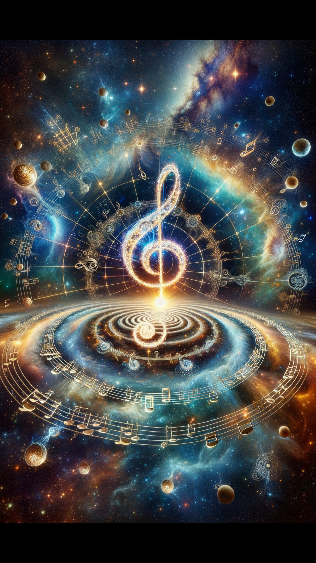 Cosmic Landscape with Treble Clef and Galaxies