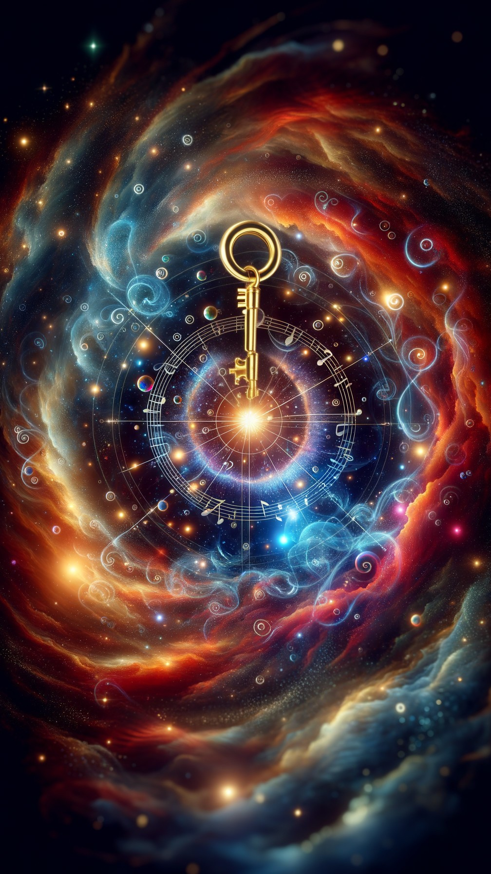 Vibrant Cosmic Scene with Golden Key and Compass