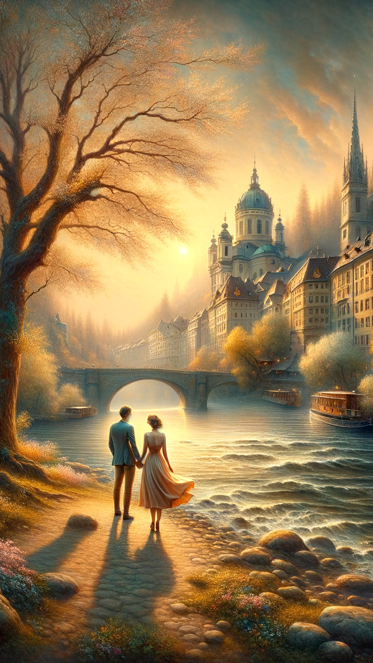 Couple by Tranquil River in Golden Sunlight