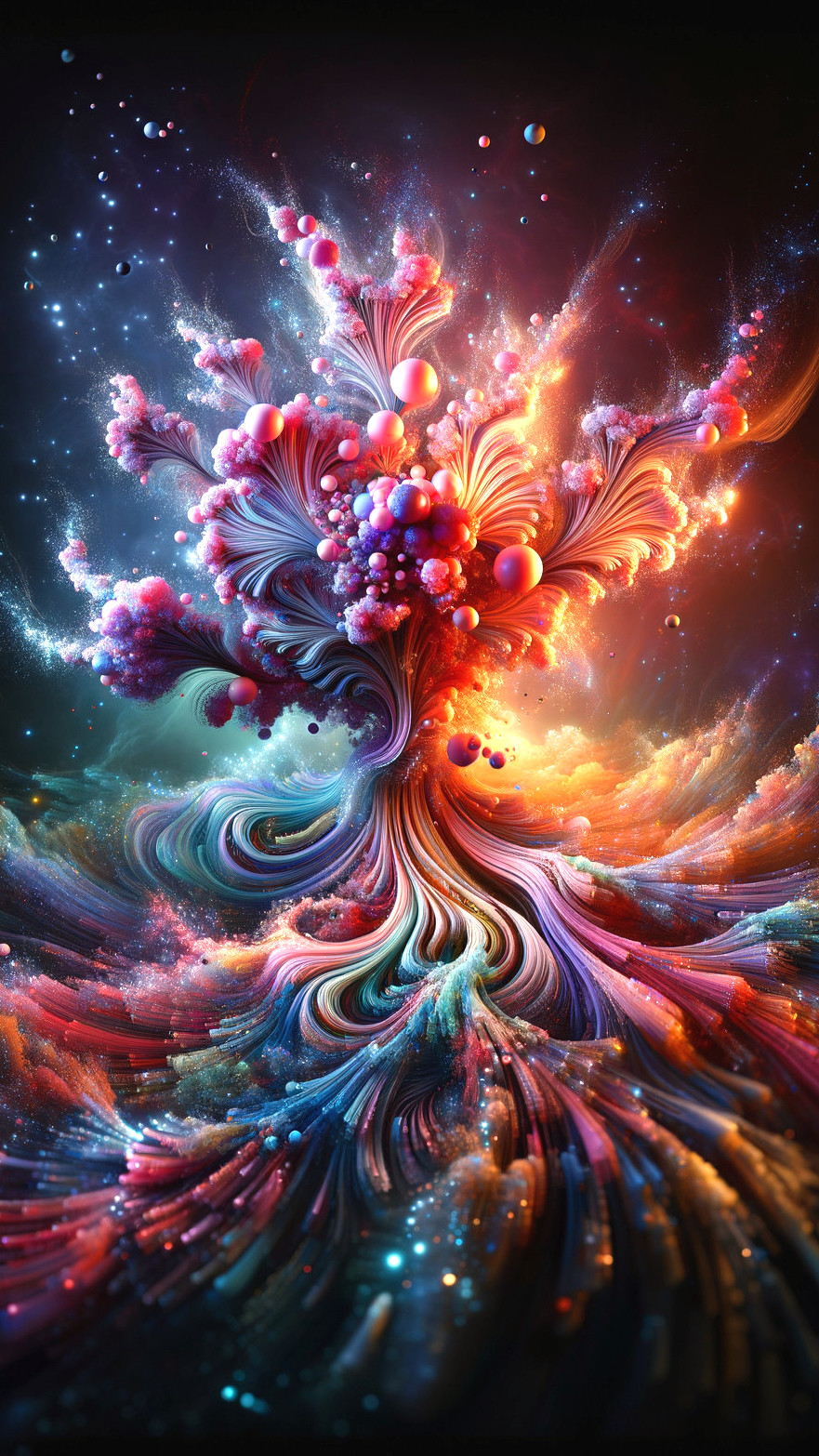 Vibrant Cosmic Tree with Colorful Patterns and Spheres