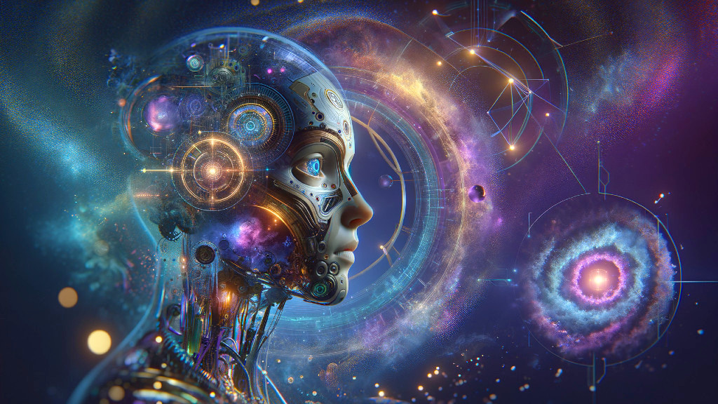 Futuristic Humanoid Figure in Cosmic Space Background