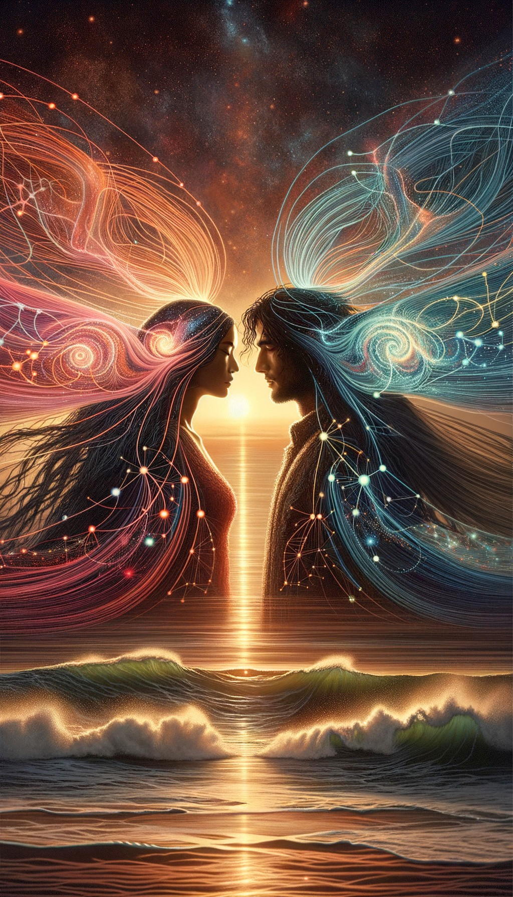 Romantic Sunset Scene with Intertwined Energy Streams