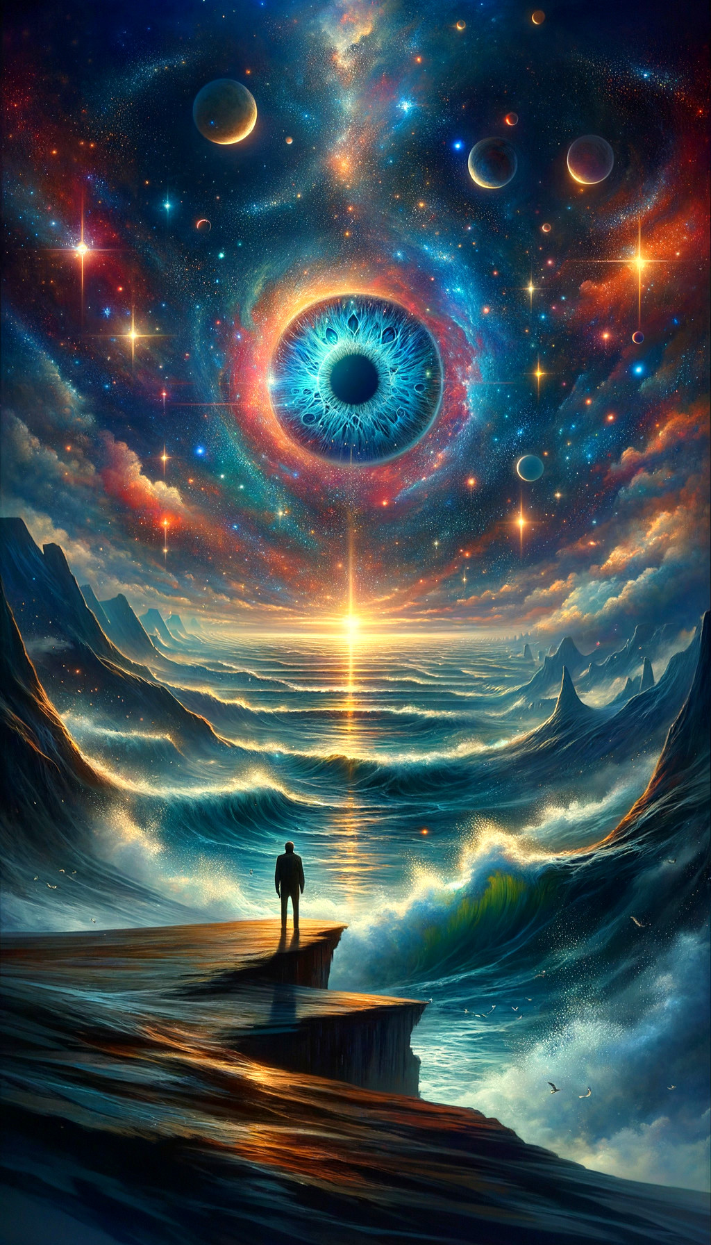 Cosmic Scene with Figure at Cliff Overlooking Galaxy