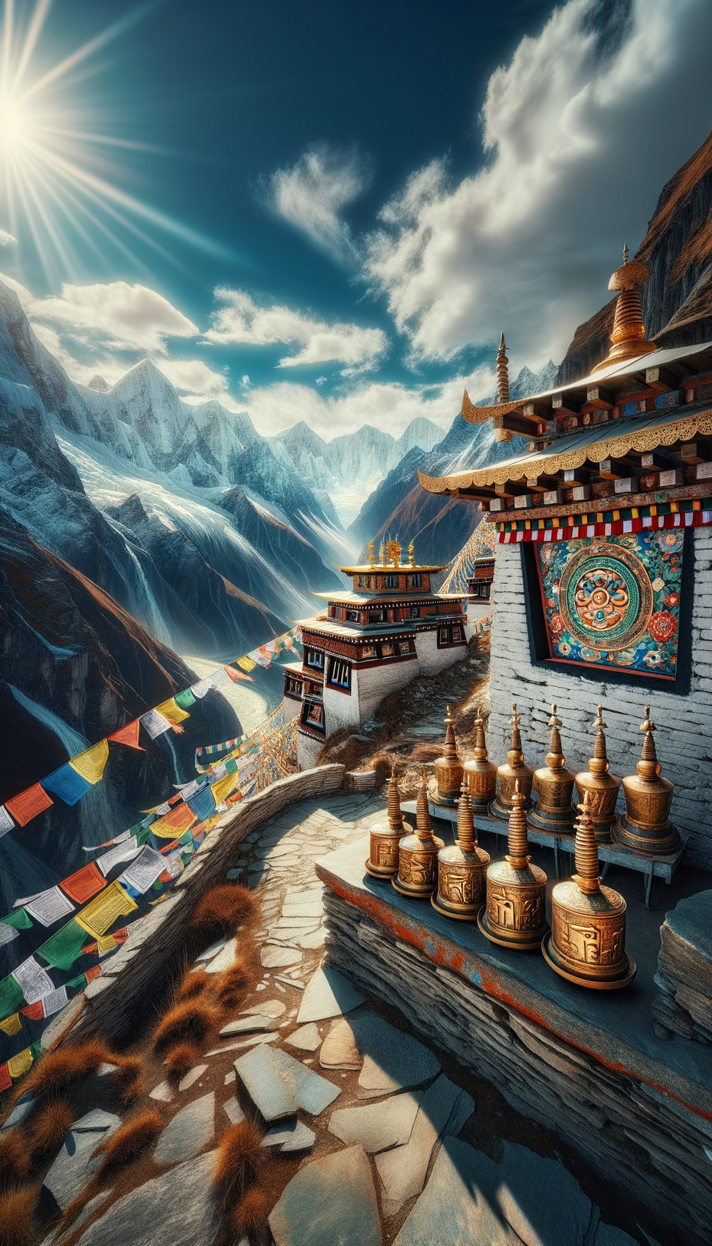 Himalayan Landscape with Tibetan Stupas and Mountains