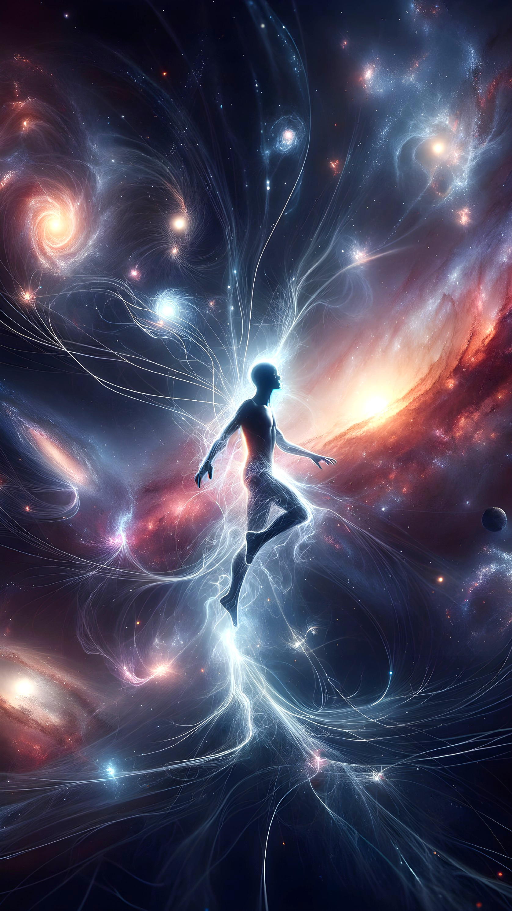 Cosmic Figure Surrounded by Galaxies and Nebulae