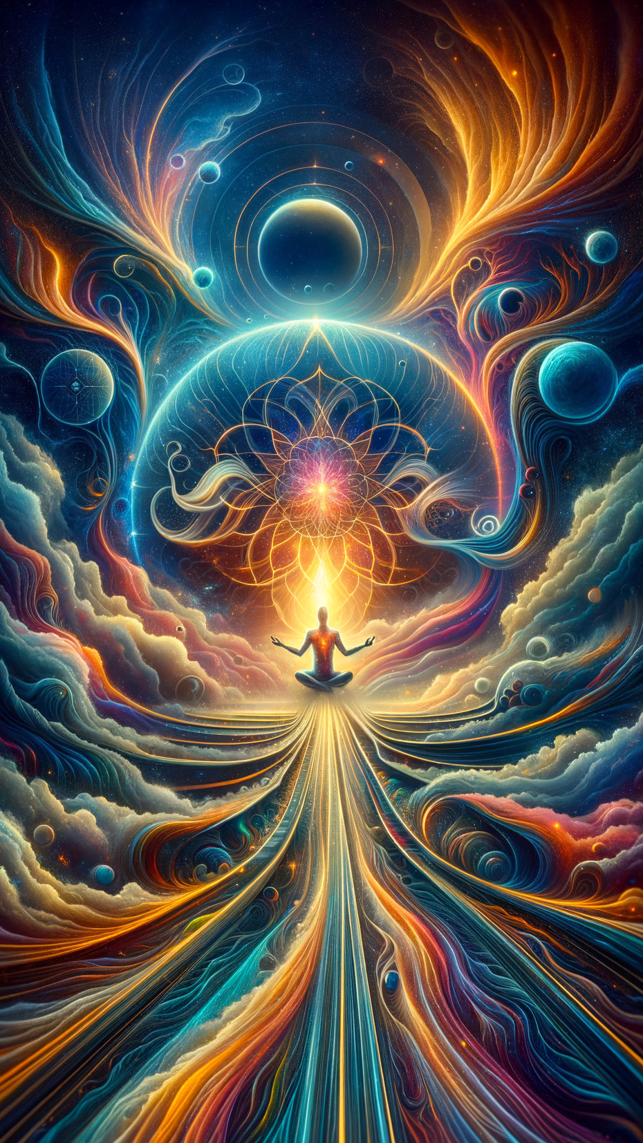 Vibrant Cosmic Scene with Meditative Figure and Mandala