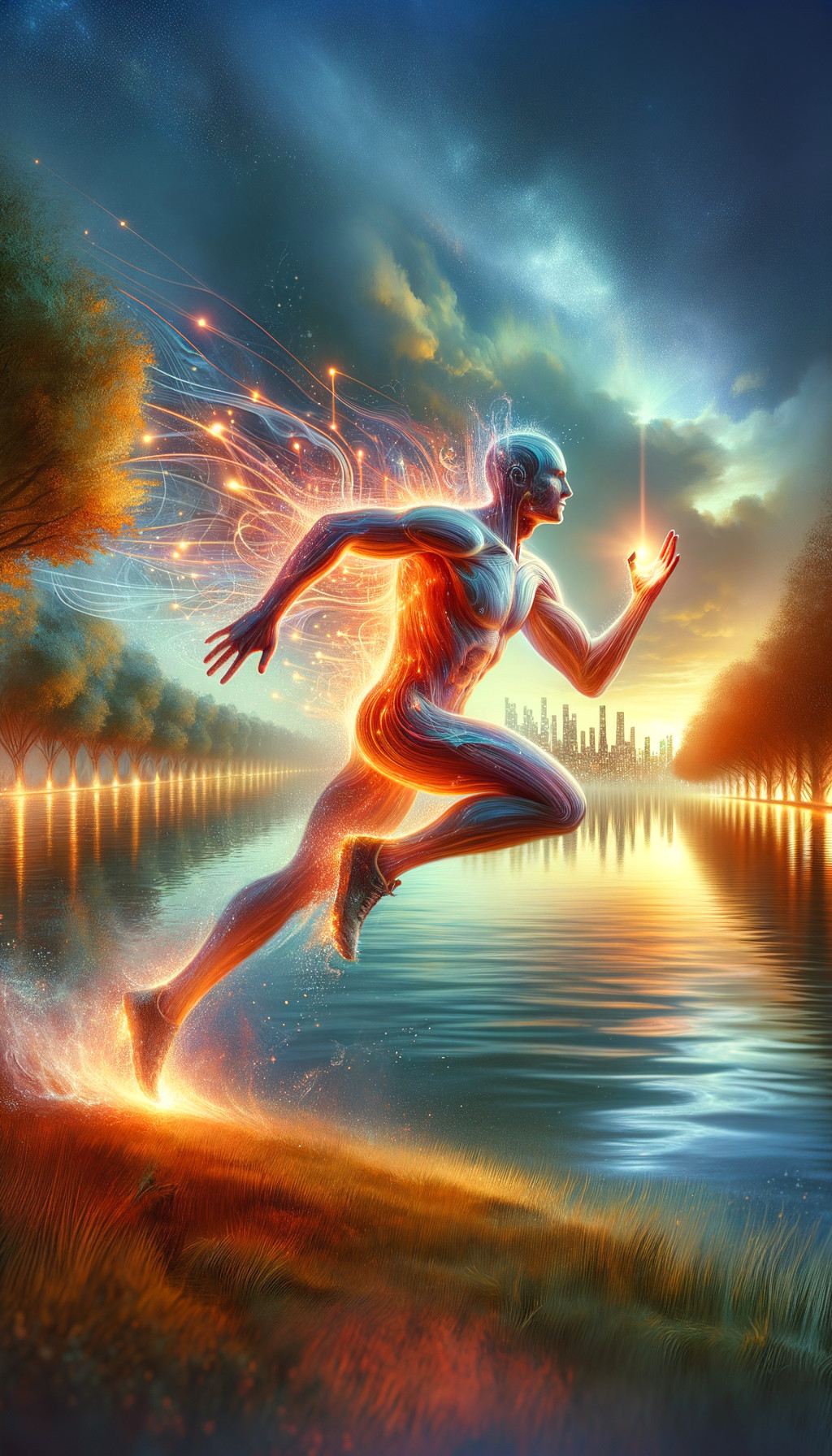 Ethereal Figure Running by Water with City Skyline