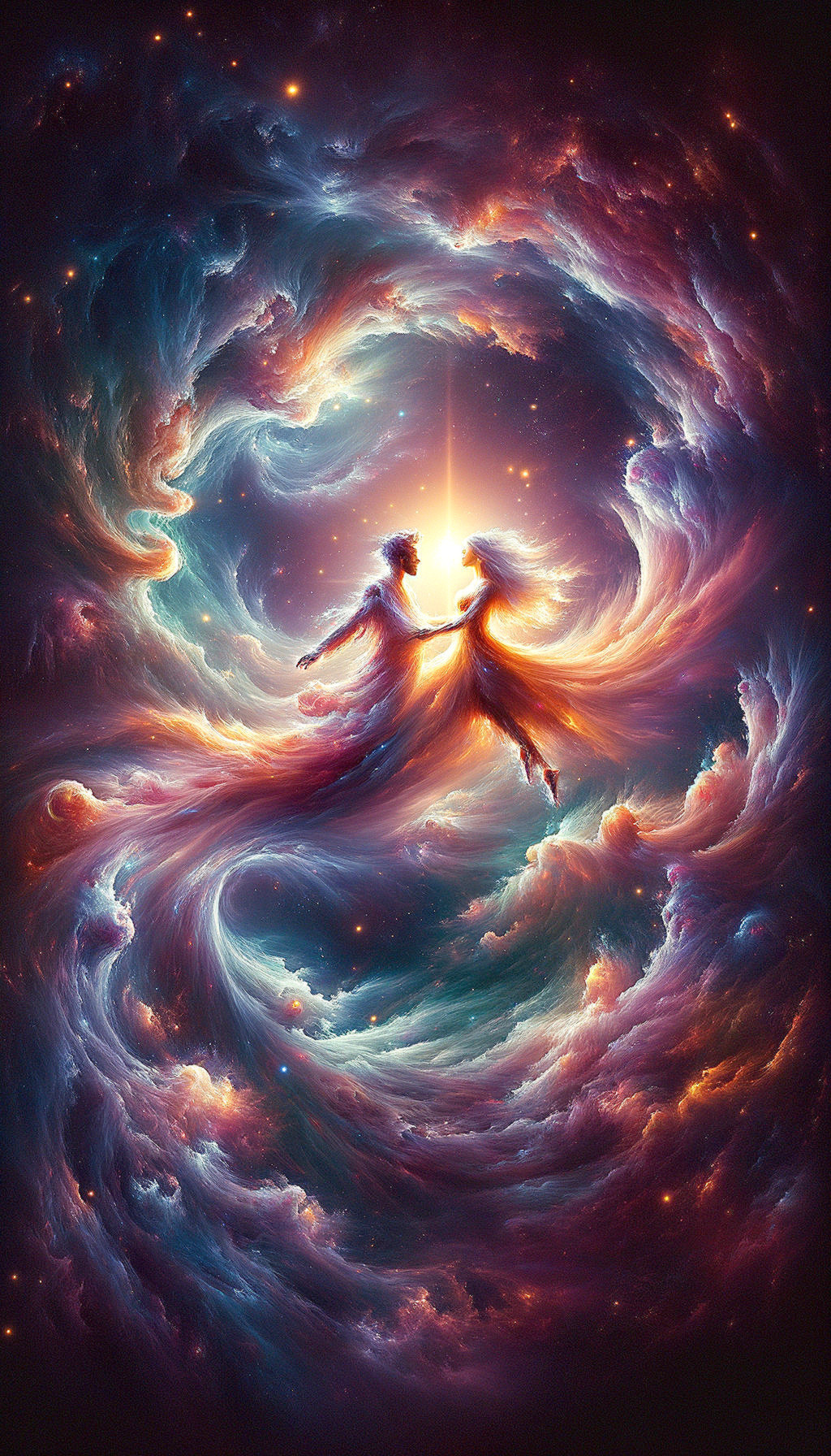 Colorful digital art: Silhouette figures in cosmic unity