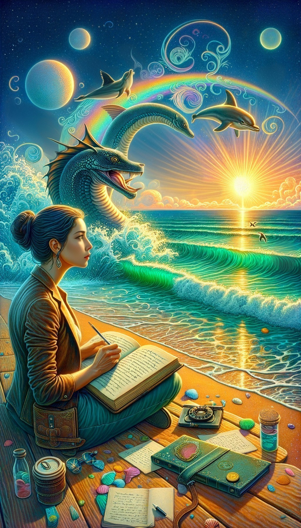 Young Woman Drawing by Ocean with Dolphins and Sea Dragon