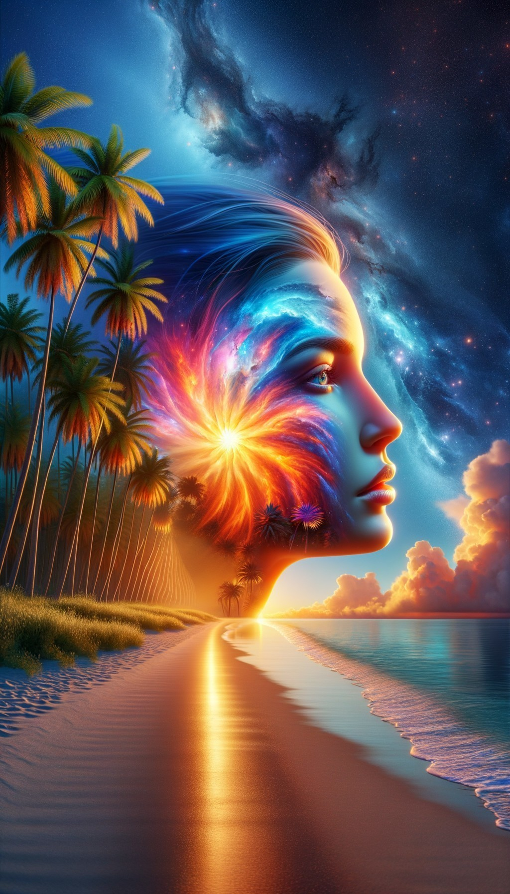 Surreal Twilight Beach Scene with Cosmic Face