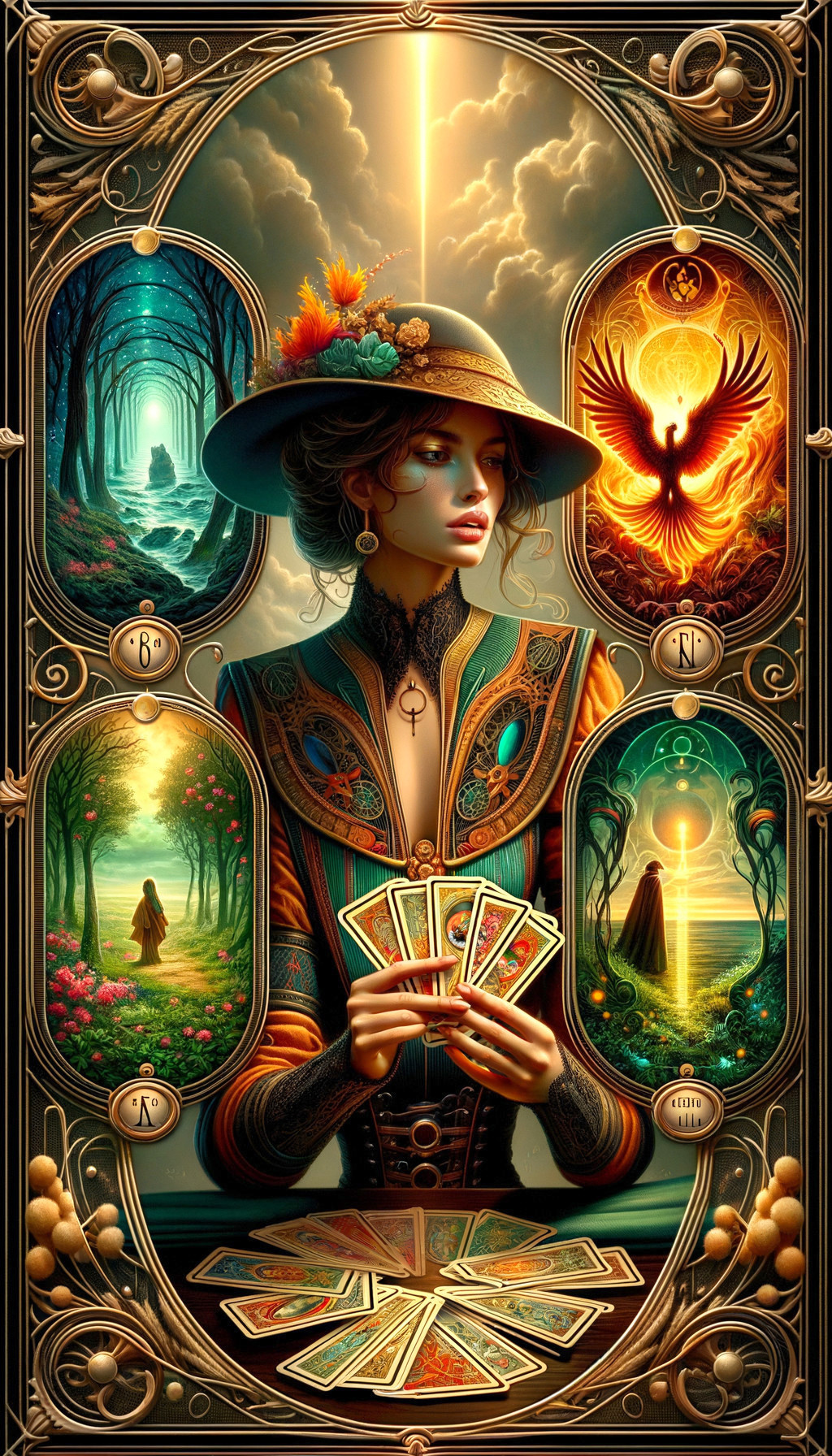 Mystical Tarot Card Reader in Vibrant Fantasy Scene