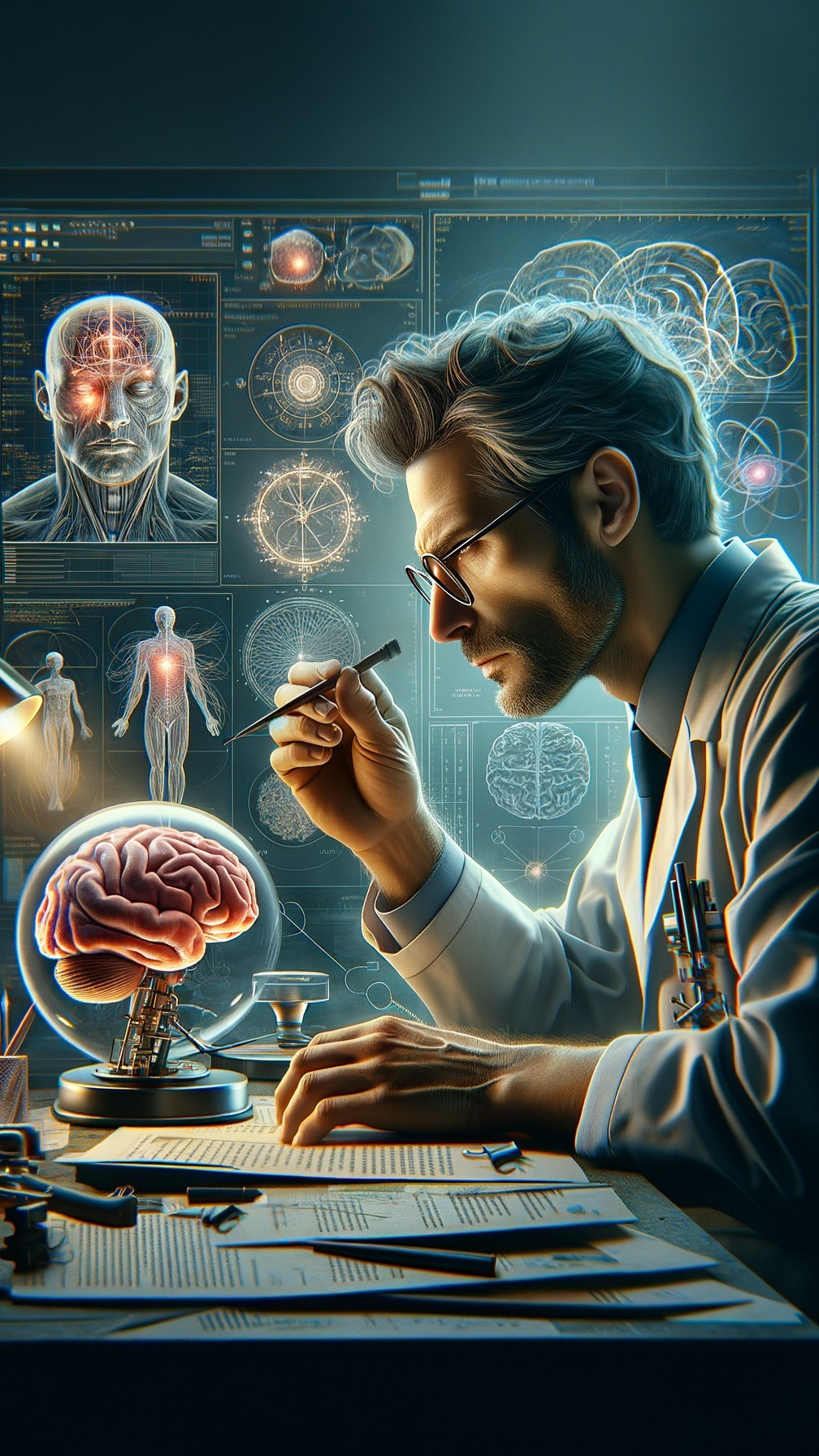 Scientist Analyzing Brain Model in High-Tech Lab