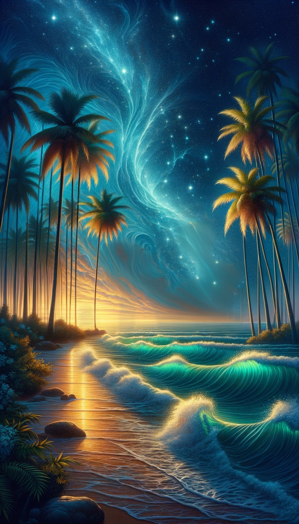 Tropical Beach Sunset with Palm Trees and Stars