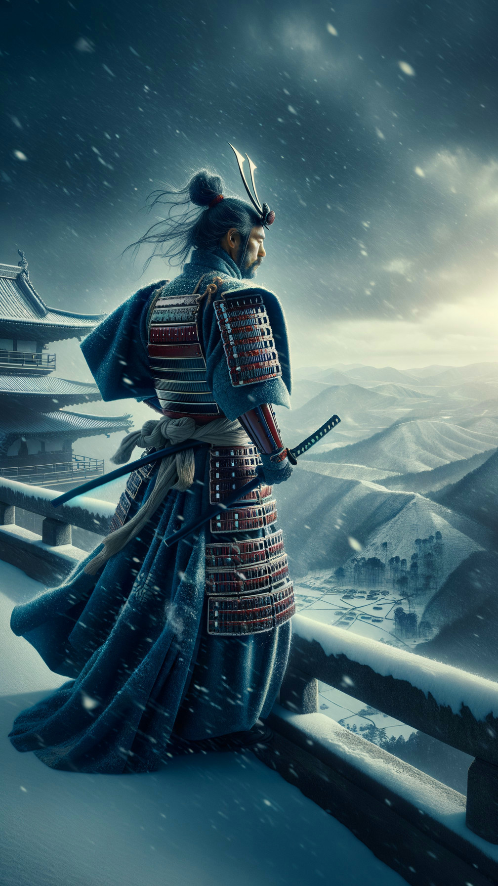 Samurai in Armor Overlooking Snowy Mountain Landscape