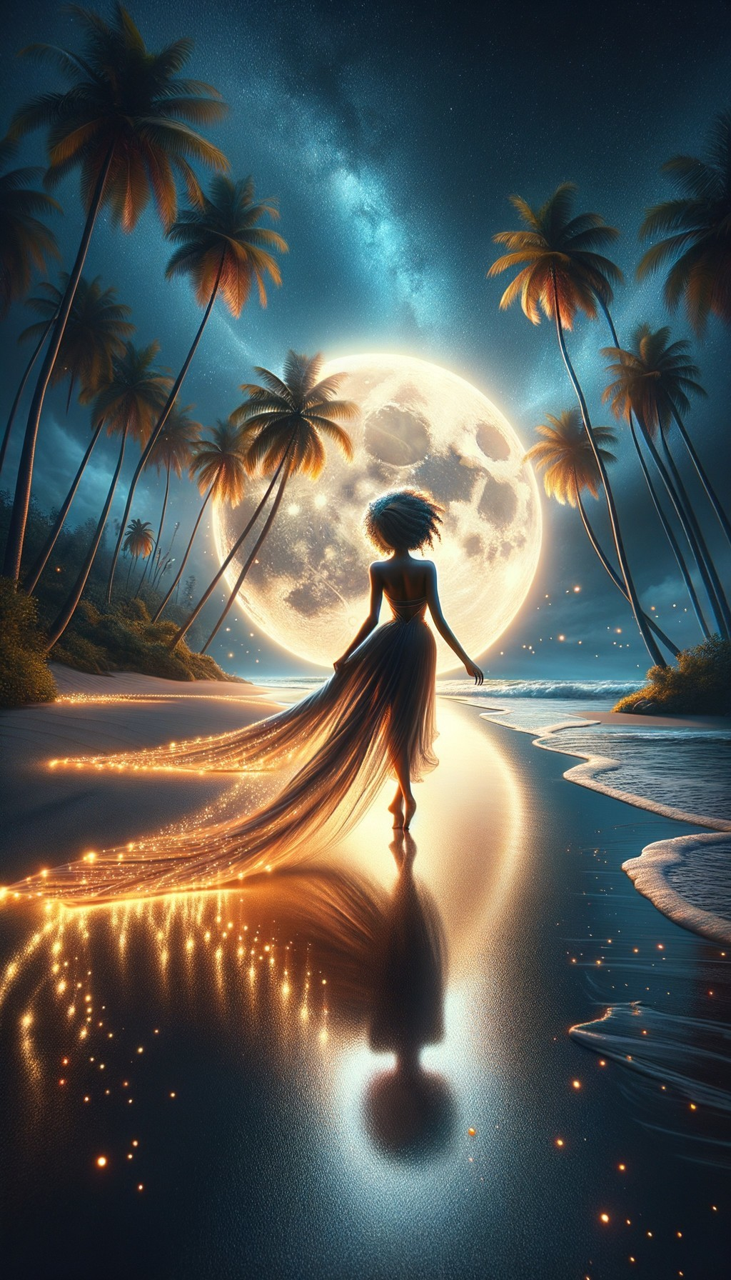 Silhouette of Woman on Moonlit Beach with Palm Trees