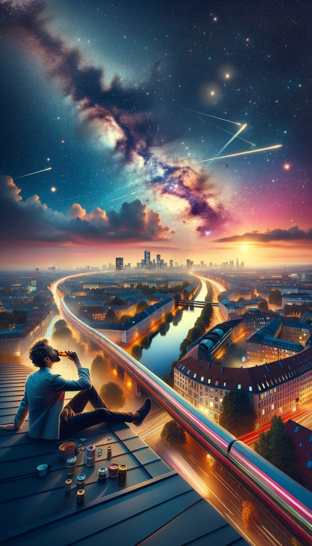 Man on Rooftop Observing Starry Night Sky and City