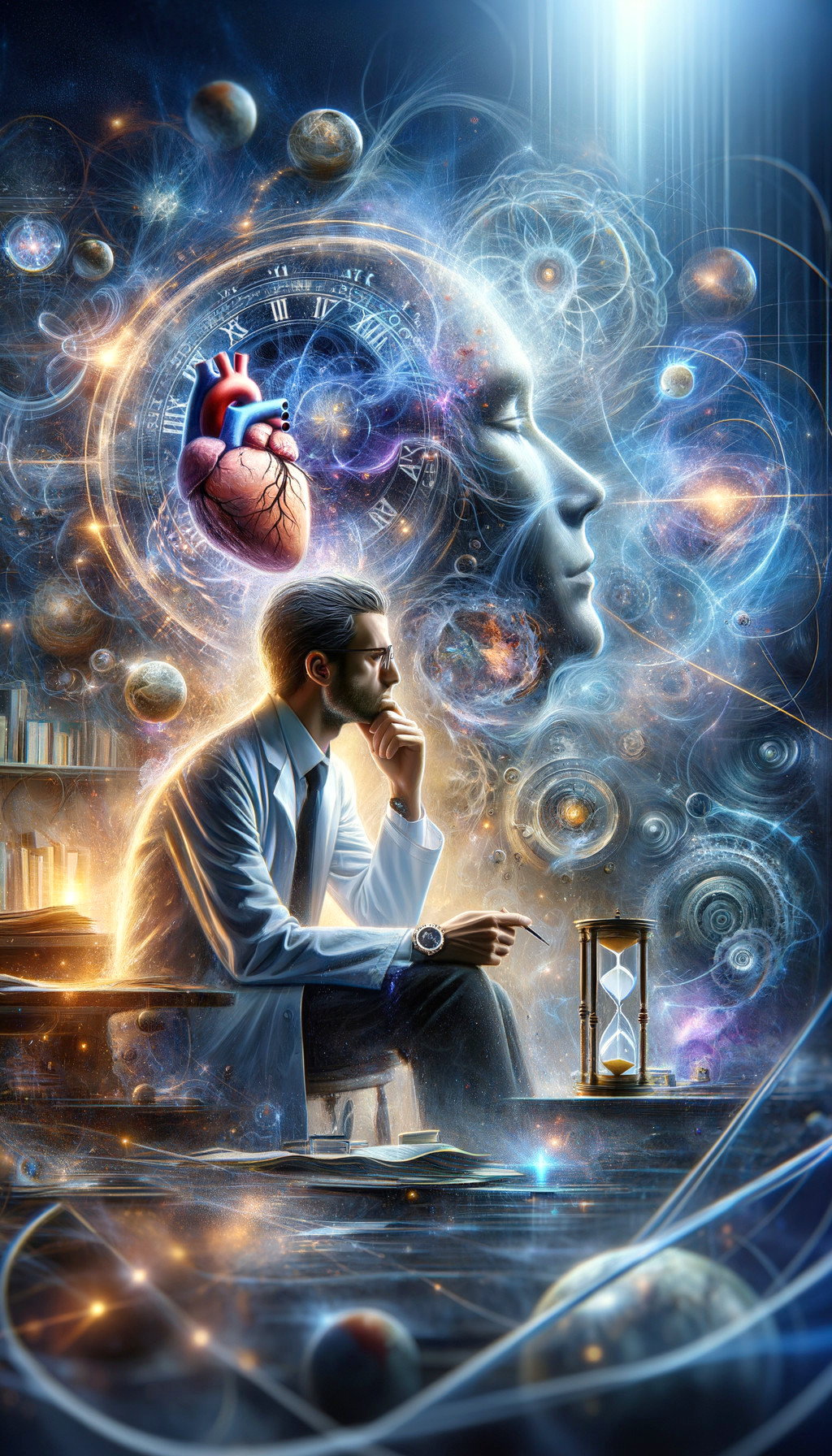 Scientist Surrounded by Cosmic Elements and Symbolism