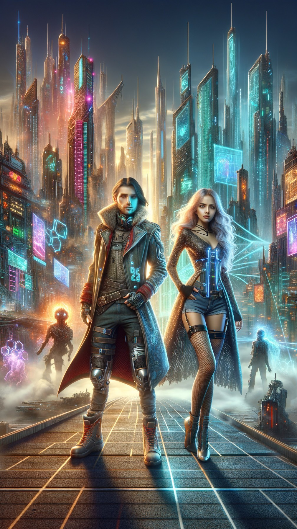 Cyberpunk Cityscape with Stylish Characters and Neon Lights