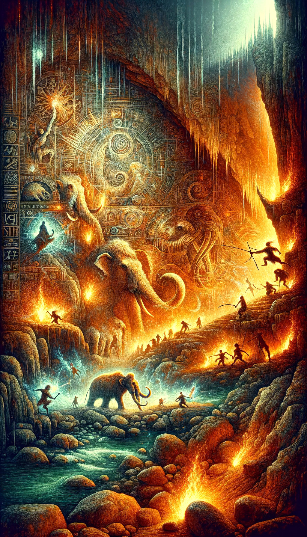 Mystical Elephants in Glowing Caverns with Flames
