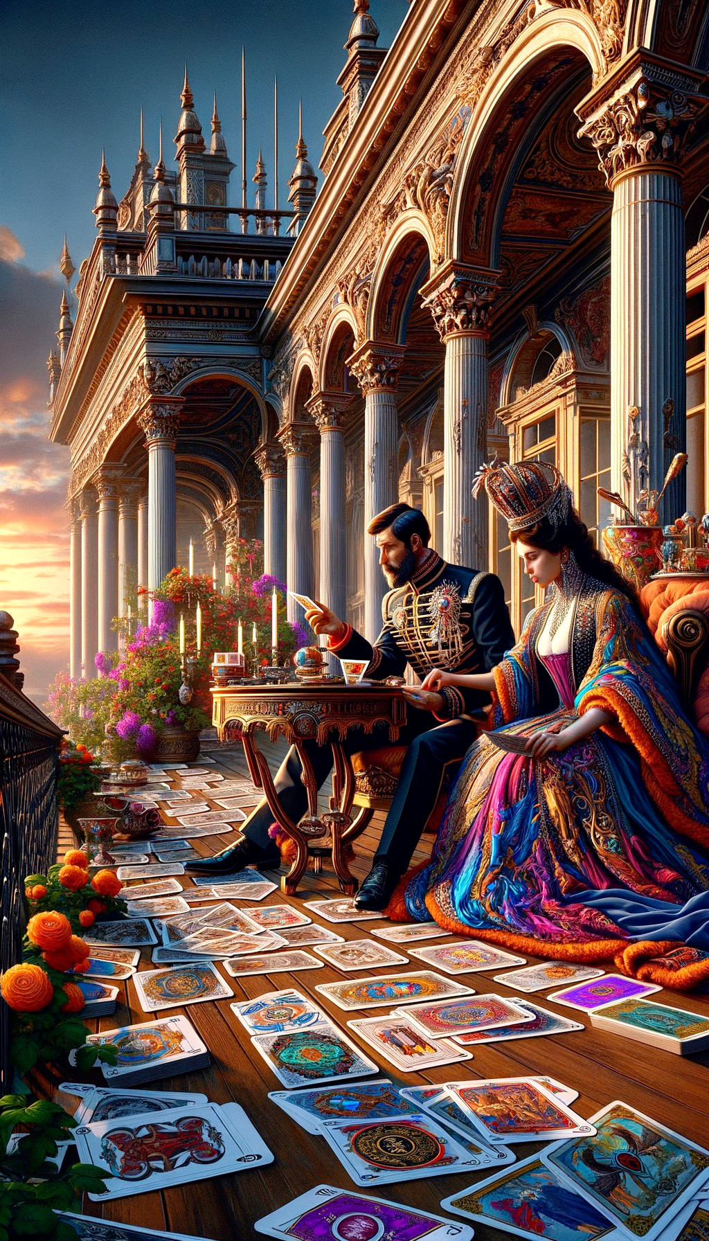 Regal Couple on Grand Balcony at Sunset