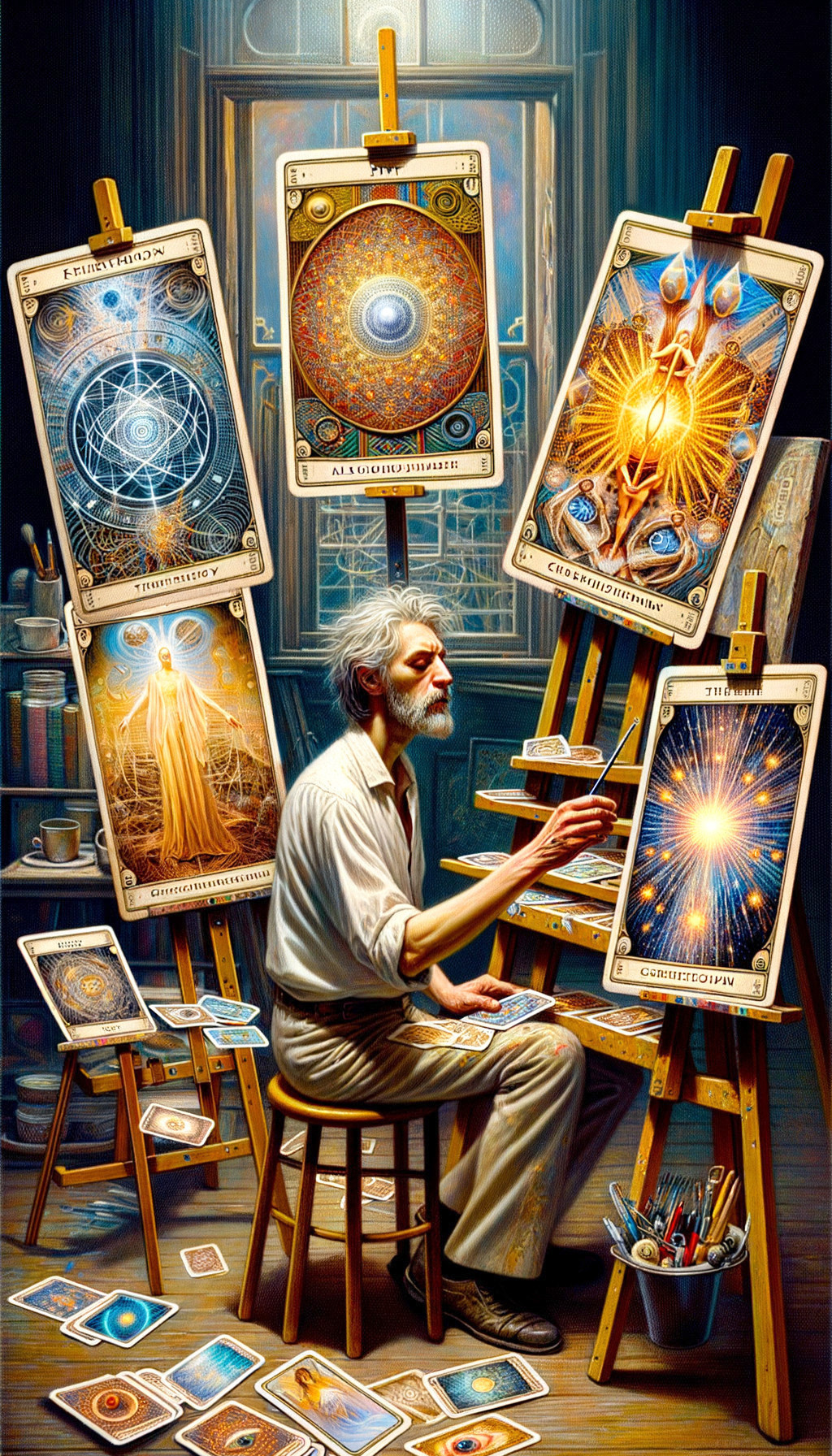 Elderly Artist Painting Mystical Tarot Cards in Studio