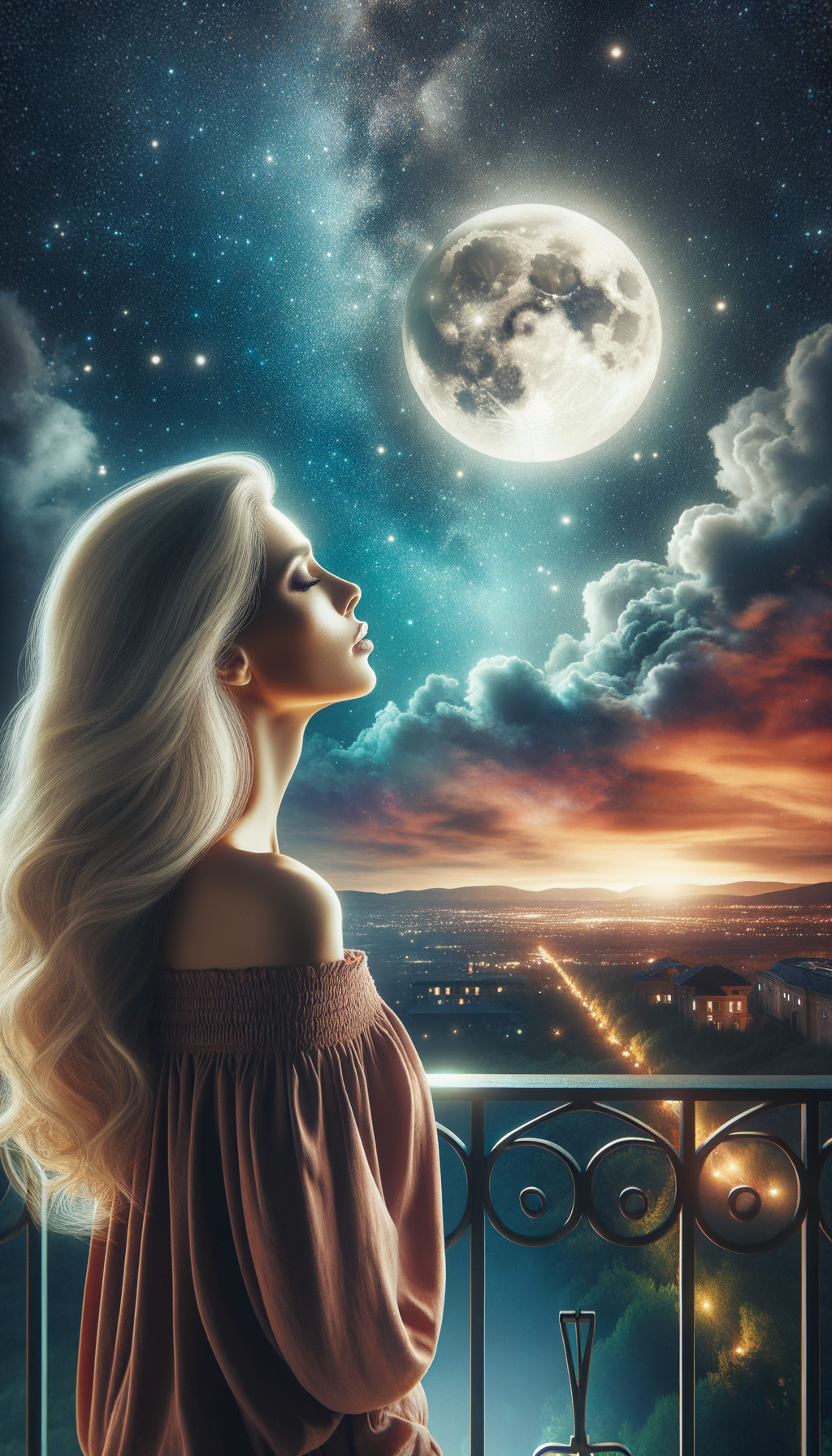Woman on Balcony Admiring Full Moon and Twilight Sky