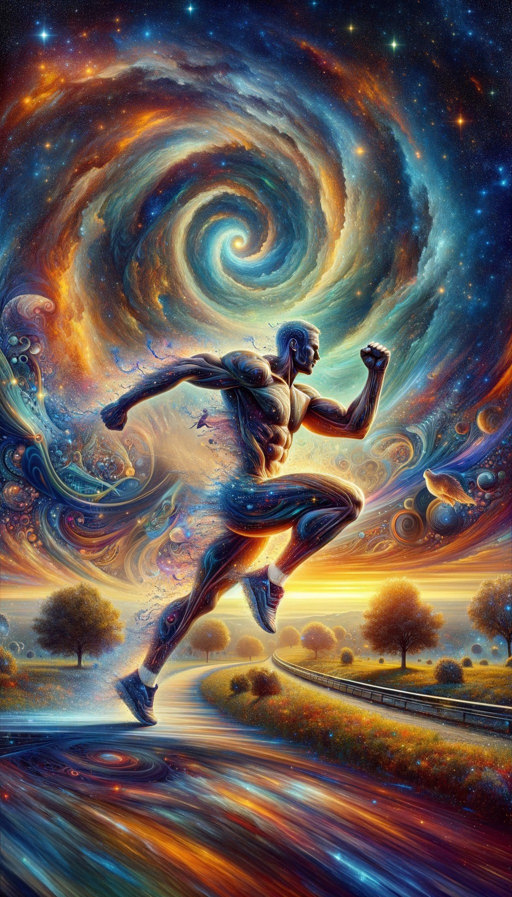 Muscular Figure Running Through Cosmic Landscape