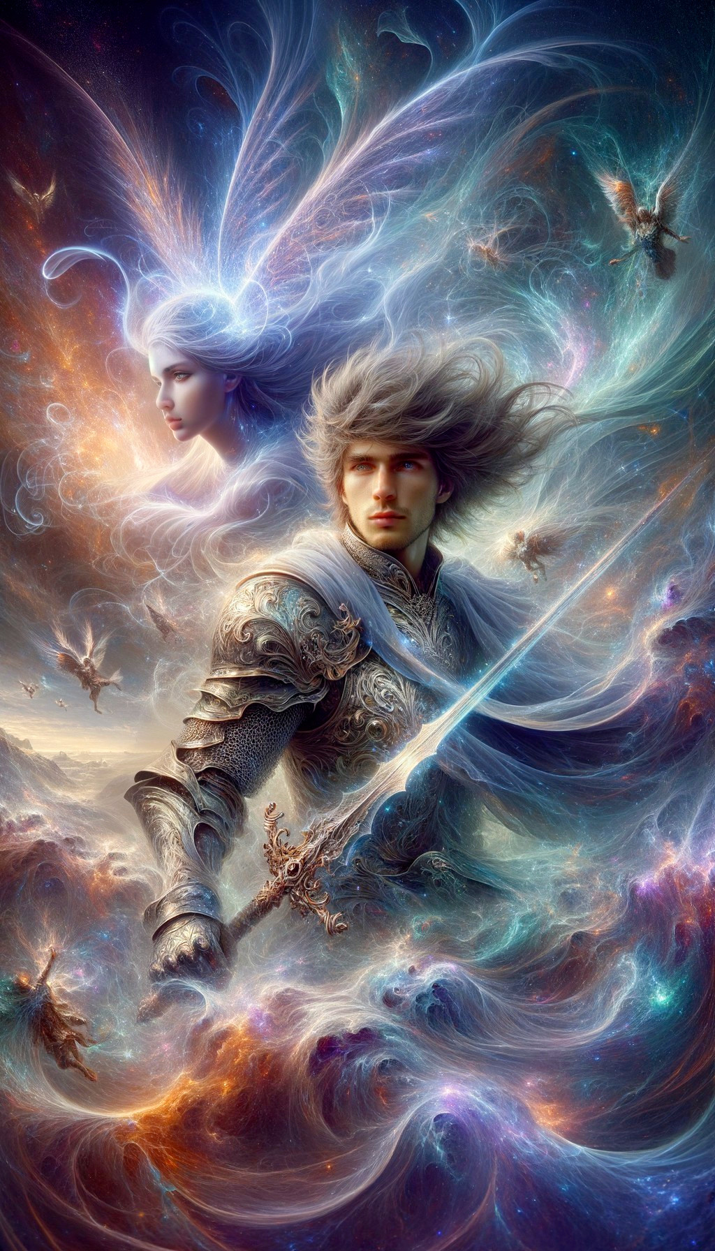 Warrior in Ornate Armor Amidst Cosmic Energies