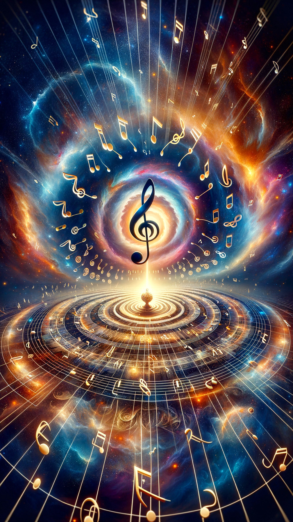 Vibrant Cosmic Scene with Treble Clef and Colors