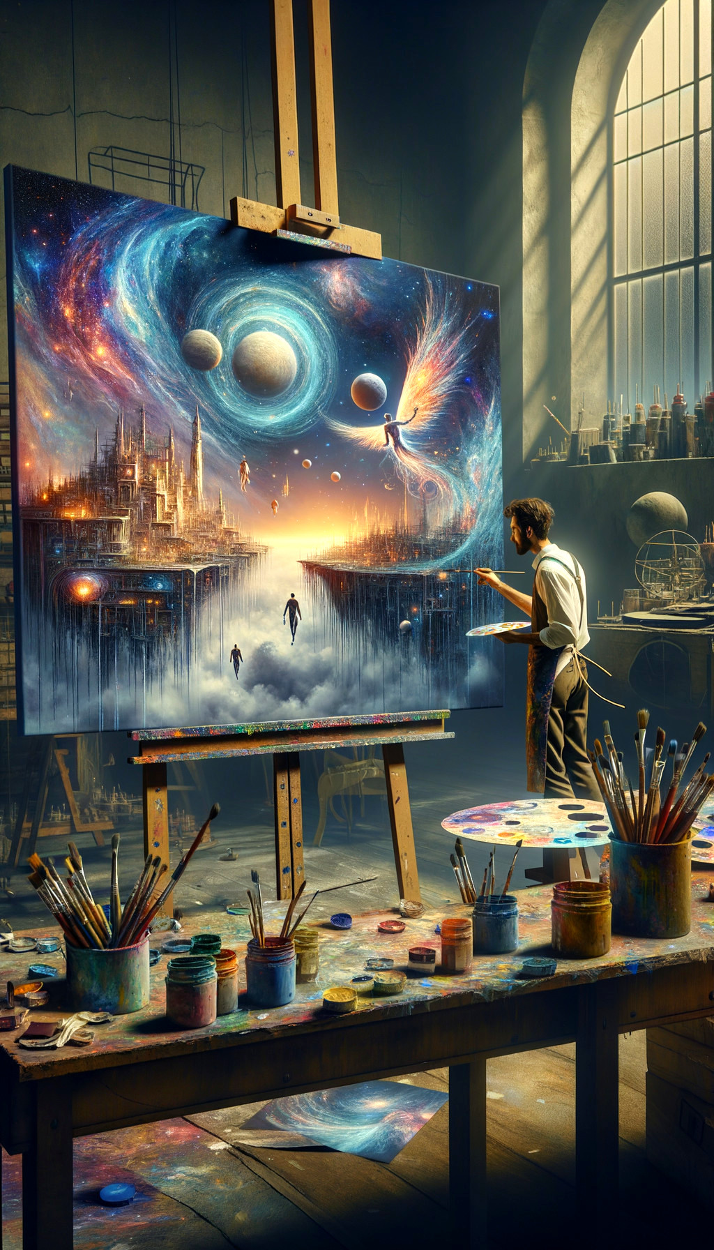 Cosmic Scene in a Vibrant Artist's Studio