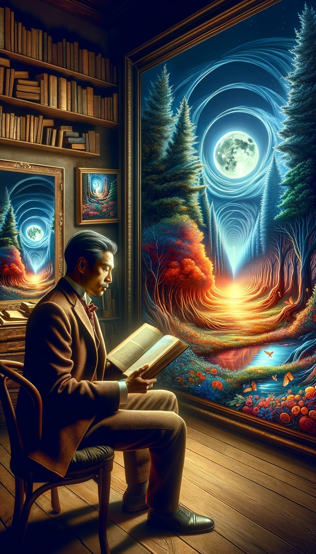 Man in Suit Reading by Window with Fantasy Landscape