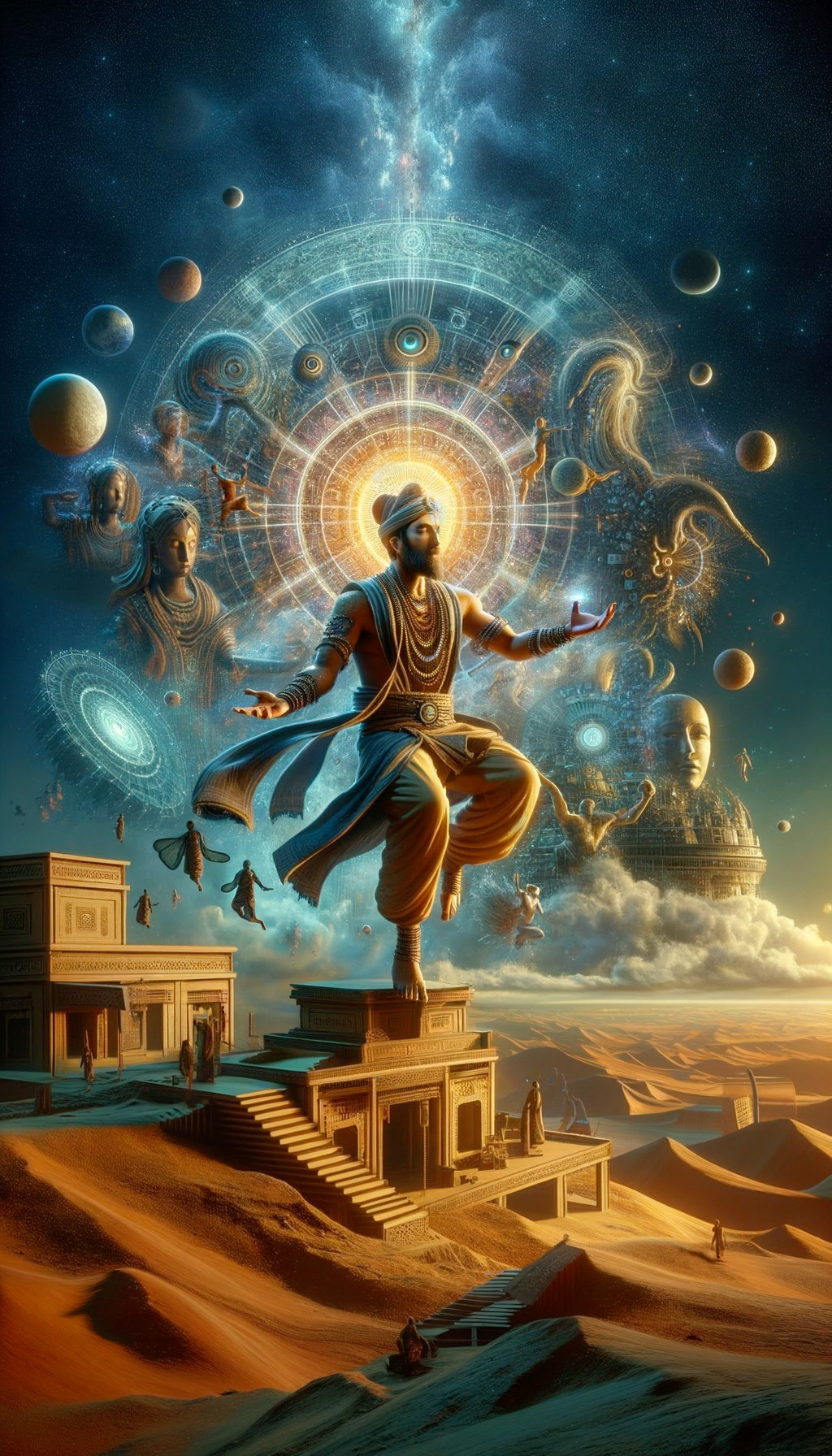 Majestic Figure on Ancient Ruins in Cosmic Desert