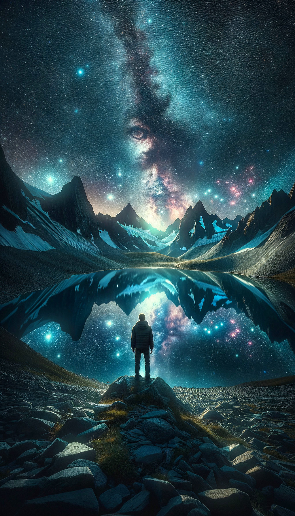 Lone Figure by Tranquil Lake Under Starry Sky