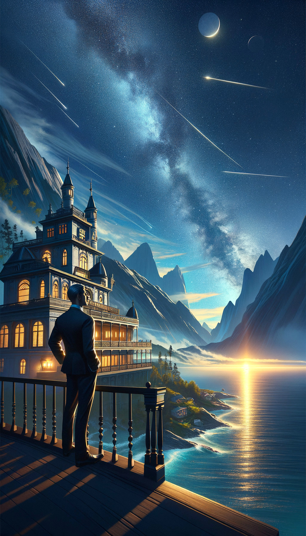 Twilight Scene of Castle by Lake with Milky Way