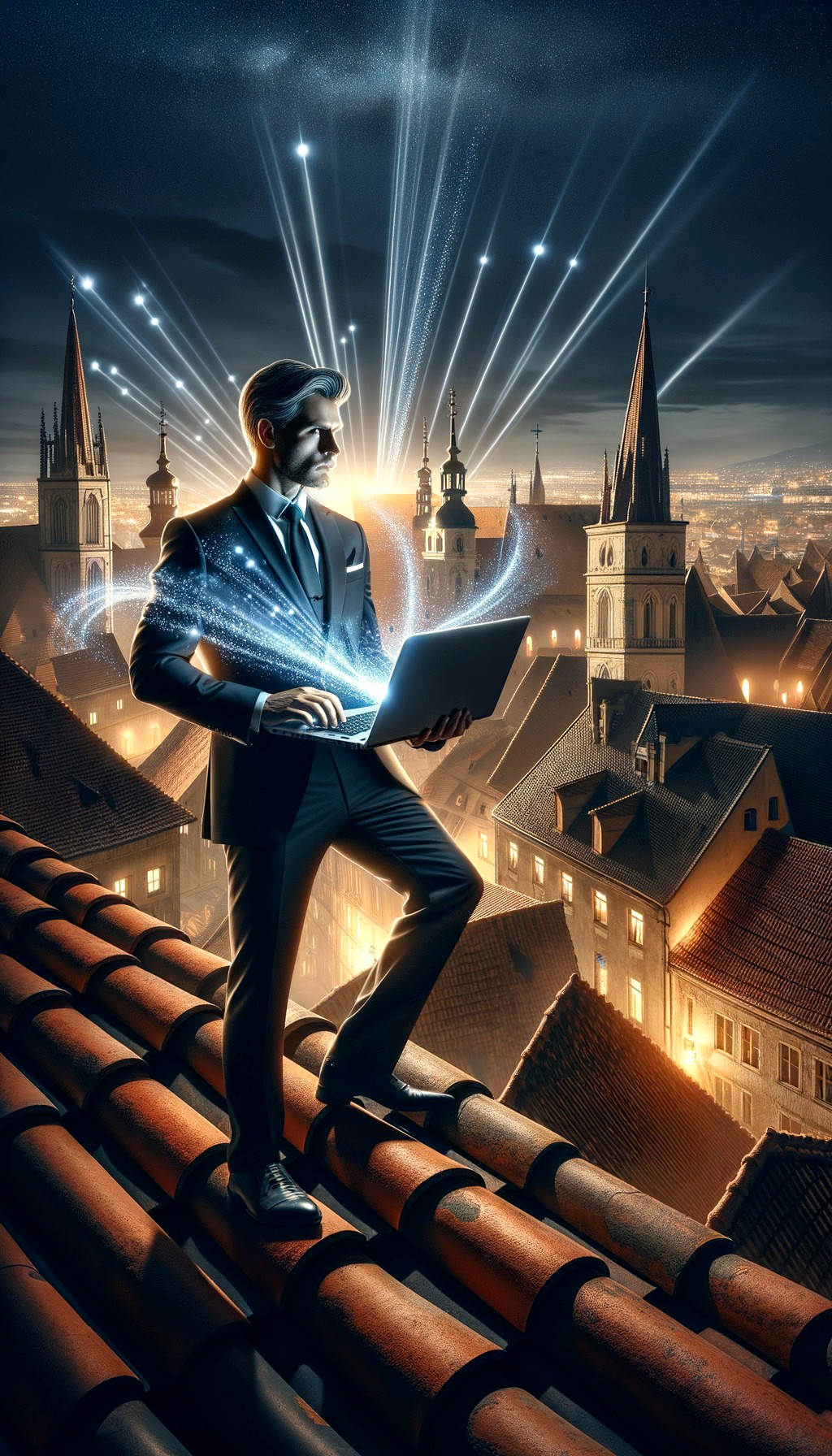 Businessman on Rooftop with Laptop and Cityscape Lights