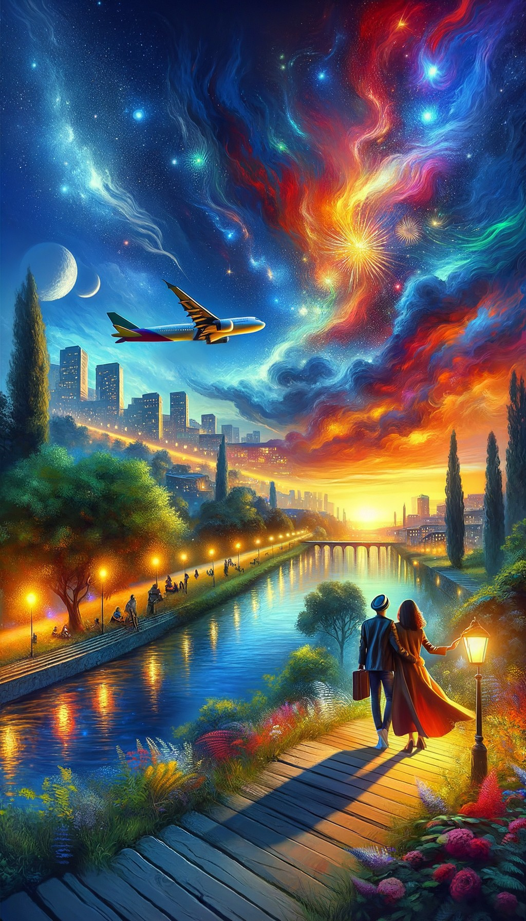 Couple Walking by Vibrant Sunset Riverside Pathway