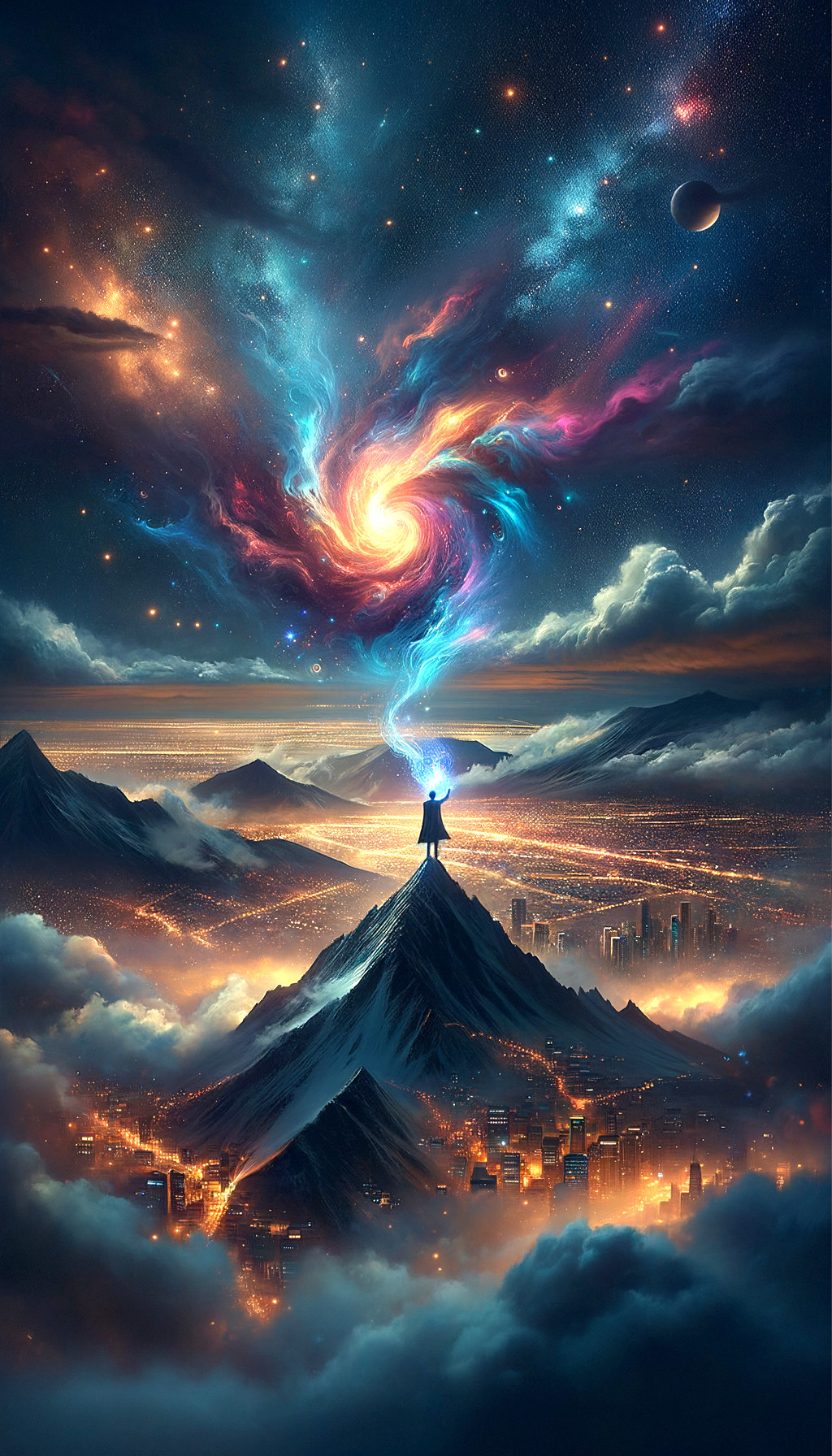 Mountain Peak Surrounded by Clouds and Galaxy