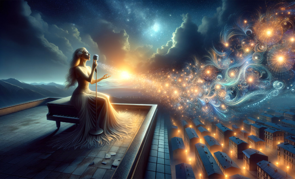 Woman Singing on Rooftop with Vibrant Light Show