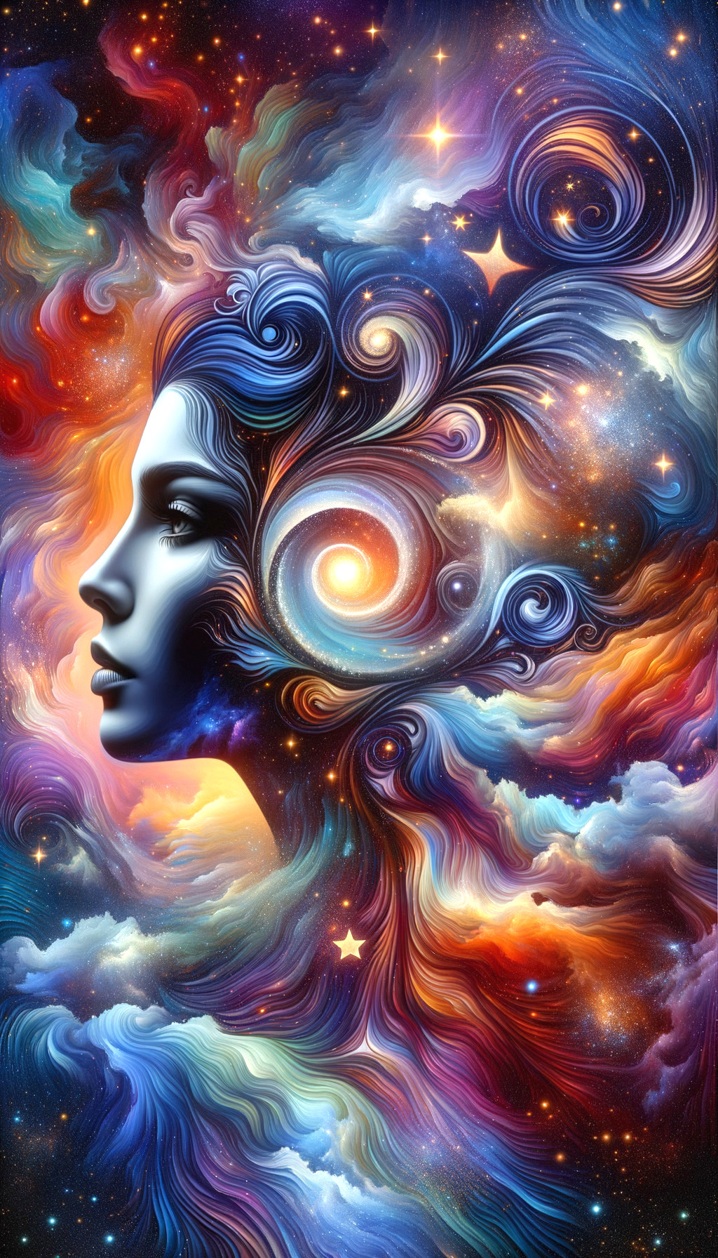 Surreal Cosmic Scene with Woman's Profile and Galaxies