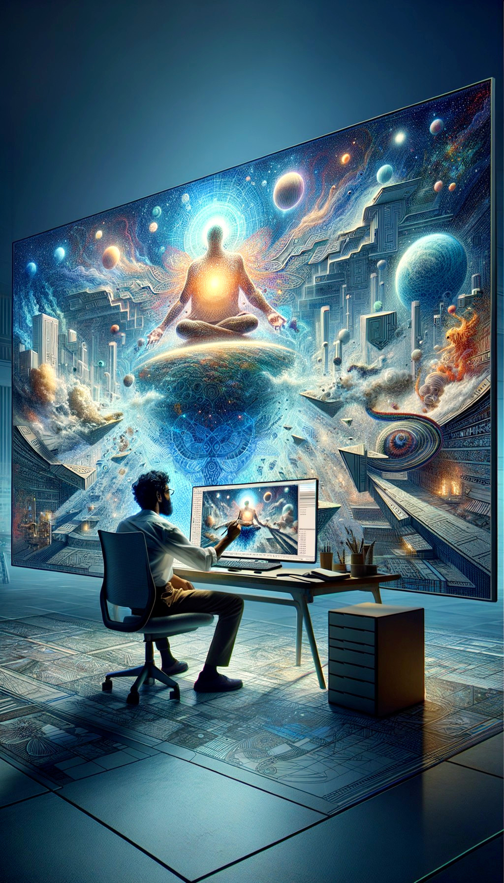 Modern Workstation with Cosmic Mural Background