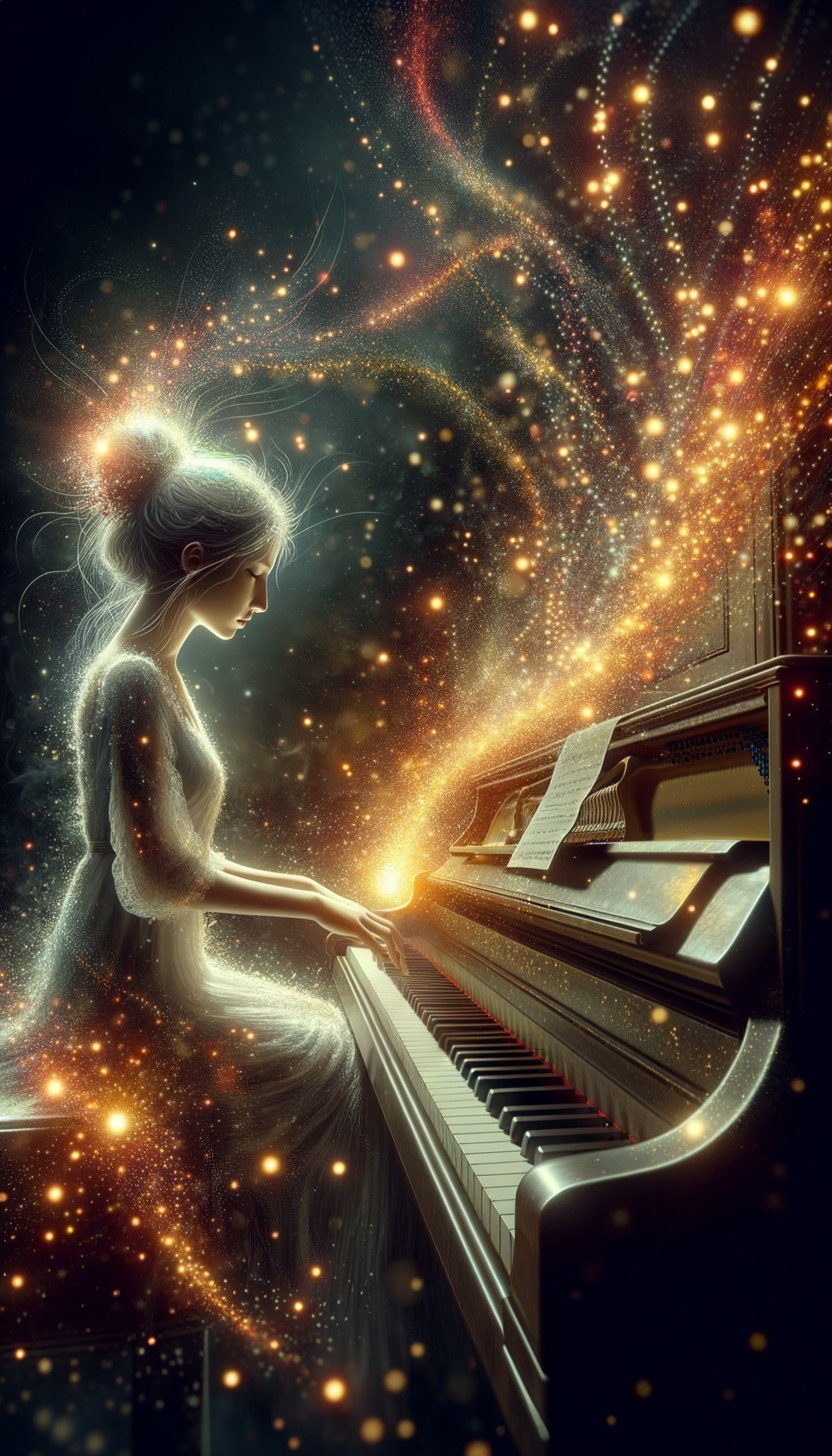 Ethereal Figure Playing Grand Piano with Cosmic Lights