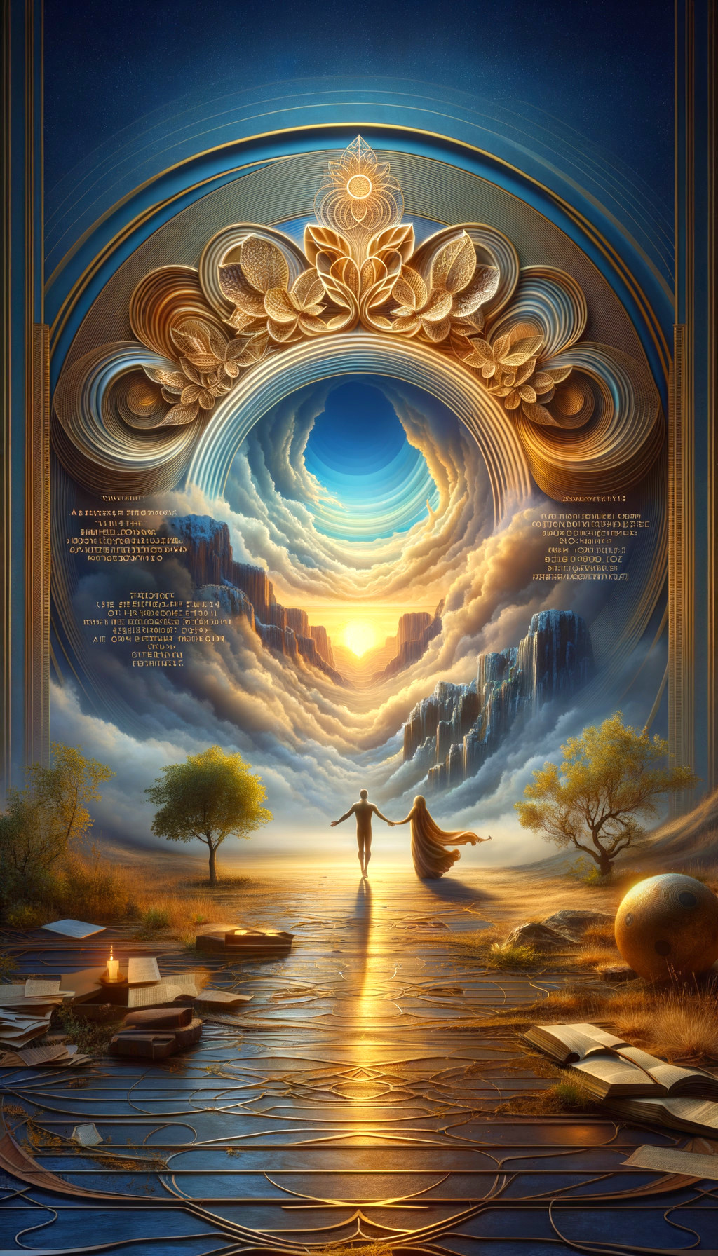 Otherworldly Landscape with Arch and Sunset Over Mountains