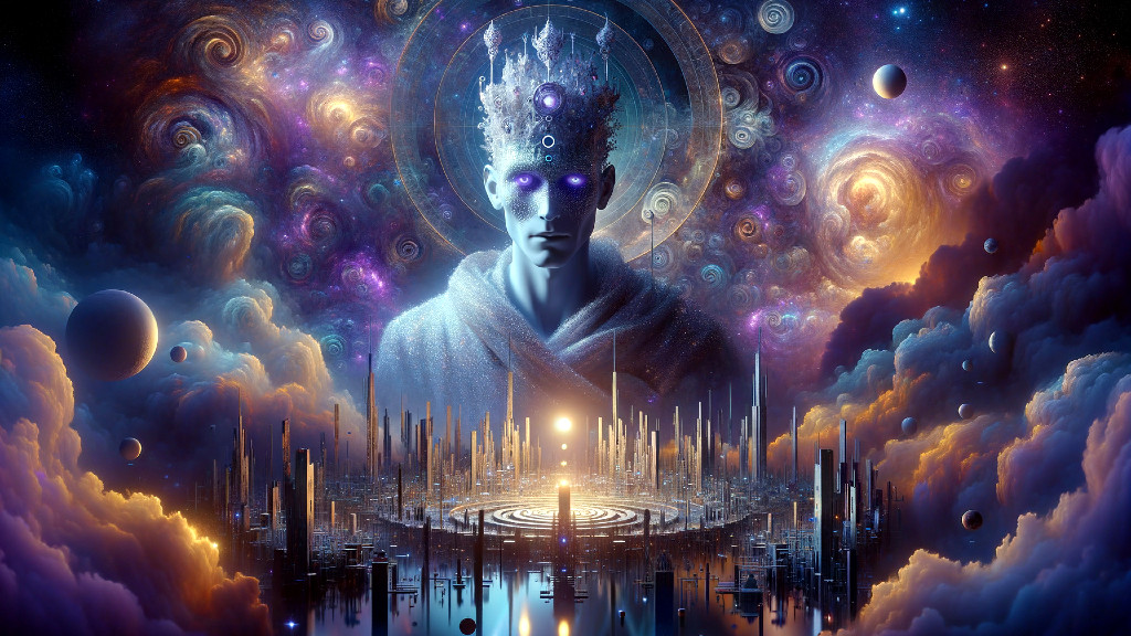 Surreal Cosmic Scene with Celestial Figure and Cityscape