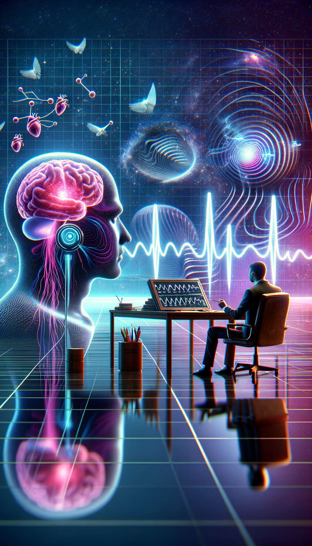 Futuristic Scene of Human with Digital Brain and Galaxies