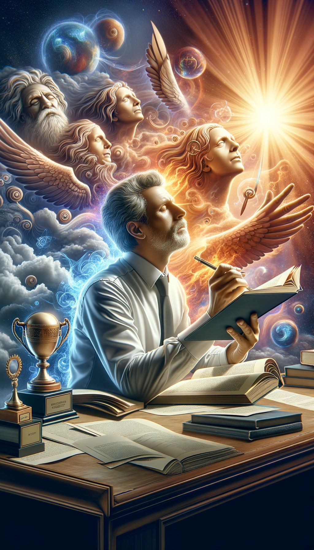 Celestial Scene of a Man Writing with Ethereal Figures